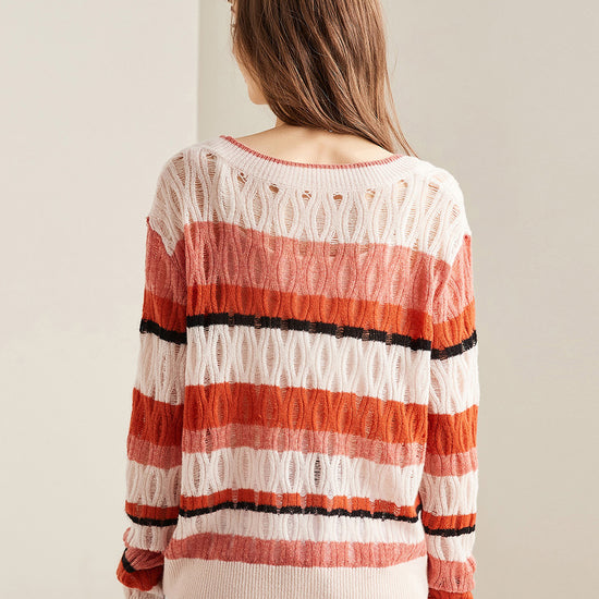 COMOBOCA 100% Cashmere Women's Striped V-Neck Knit Sweater