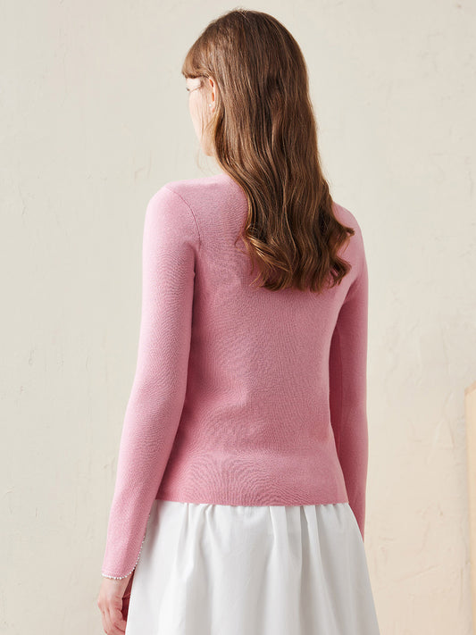 COMOBOCA 100% Wool Women's V-Neck With Pearl Accents Sweater