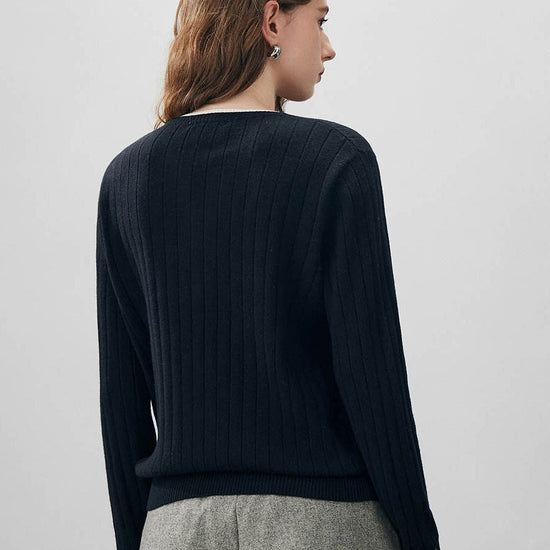 COMOBOCA 100% Wool Women's Ribbed Contrast Trim Sweater