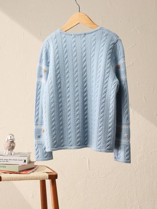 COMOBOCA 100% Wool Kid's Floral Embroidered Cable Knit Cardigan