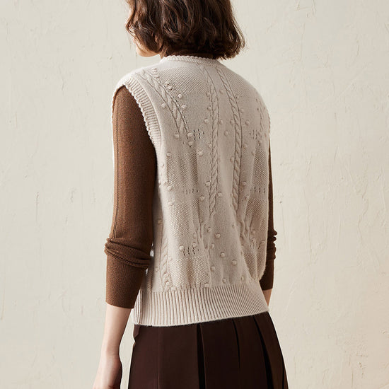 COMOBOCA 100% Cashmere Women's Bow Detailing Cable Knit Vest
