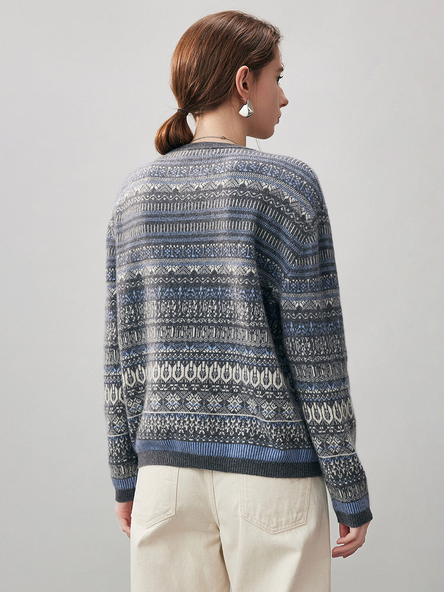 COMOBOCA 100% Cashmere Women's Fair Isle Round Neck Sweater