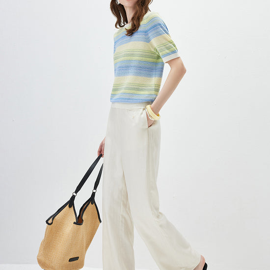 COMOBOCA Women's Gradient Stripe Openwork Knit T-Shirt