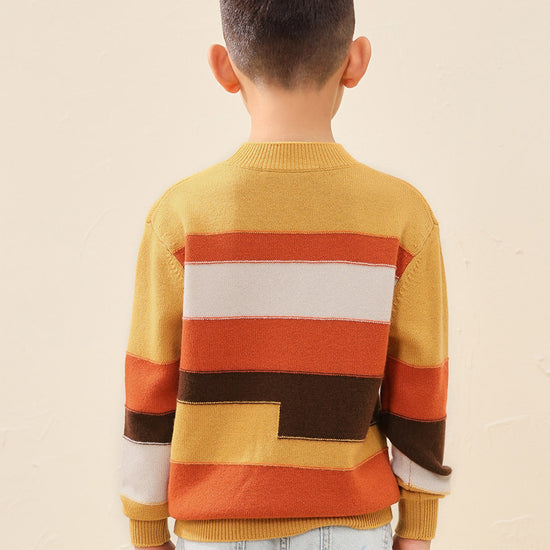COMOBOCA 100% Wool Kids' Geometric Color Block Striped Knit Sweater