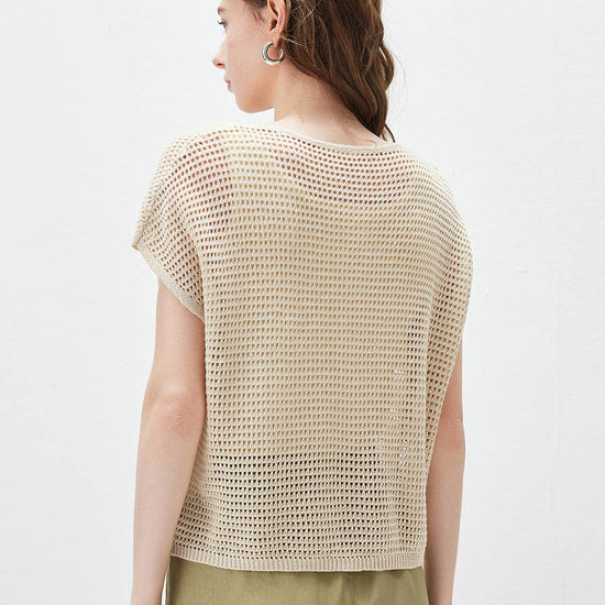 COMOBOCA Women's Openwork Mesh Knit Button Front Top
