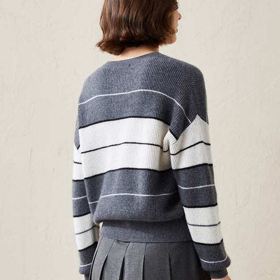 COMOBOCA 100% Cashmere Women's Striped Crewneck Sweater