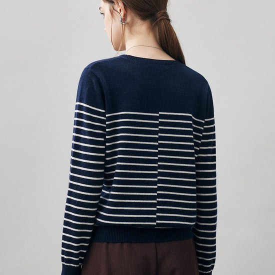 COMOBOCA 100% Cashmere Women's Striped Round Neck Sweater