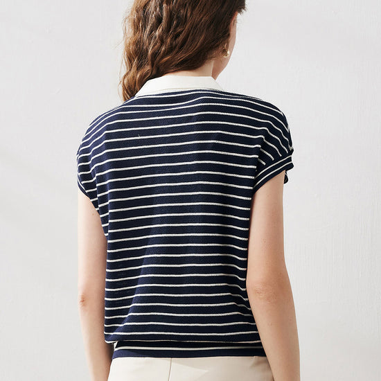 COMOBOCA Women's Cotton Silk Striped Knit Polo Shirt