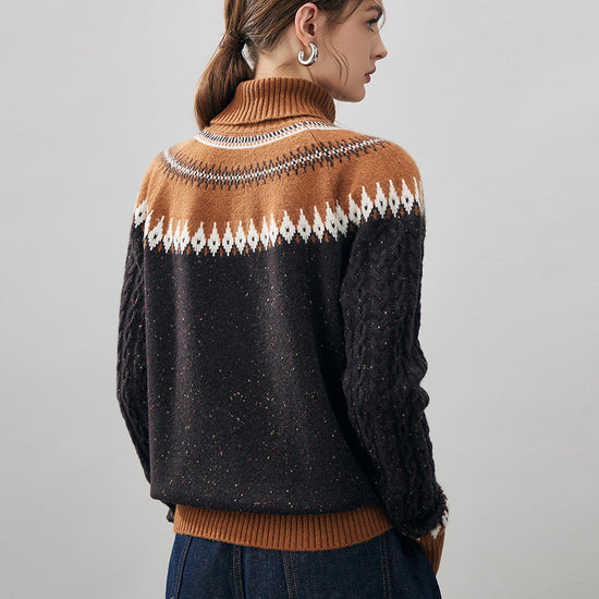 COMOBOCA 100% Cashmere Women's Cable Fair Isle Turtleneck Sweater