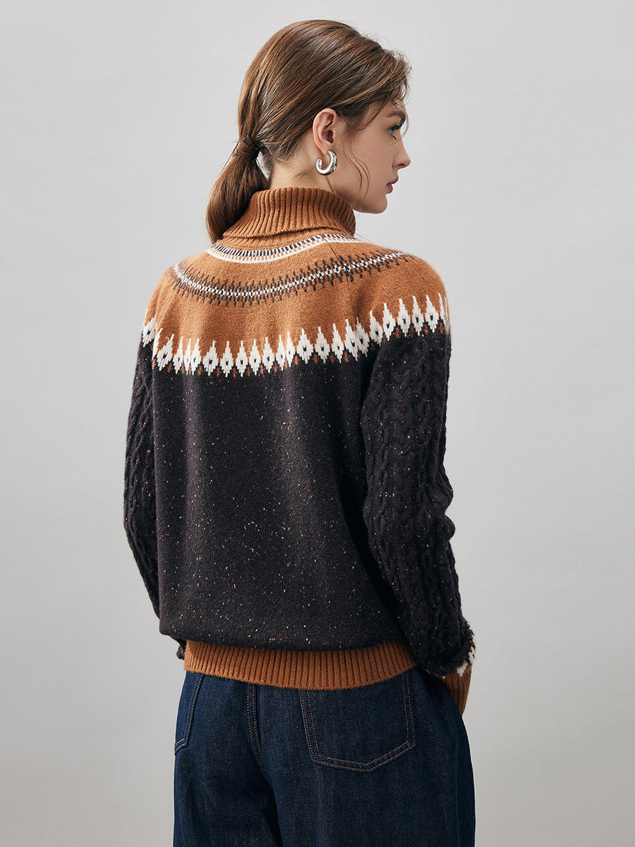 COMOBOCA 100% Cashmere Women's Cable Fair Isle Turtleneck Sweater