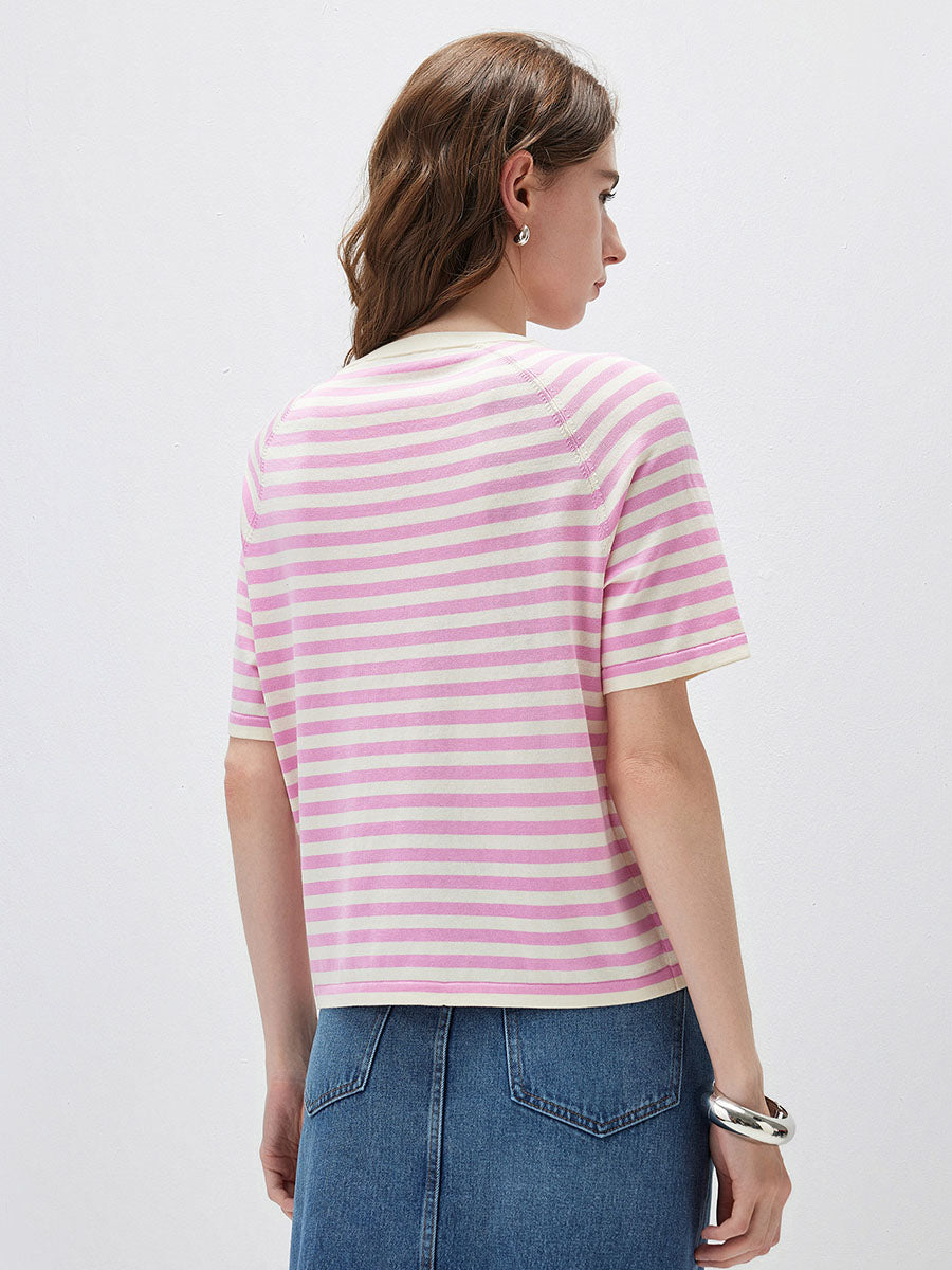 COMOBOCA Women's Striped Embroidered Pocket Knit T-Shirt