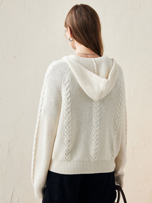 COMOBOCA 100% Wool Women's Cardigan Cable Knit Hoodie