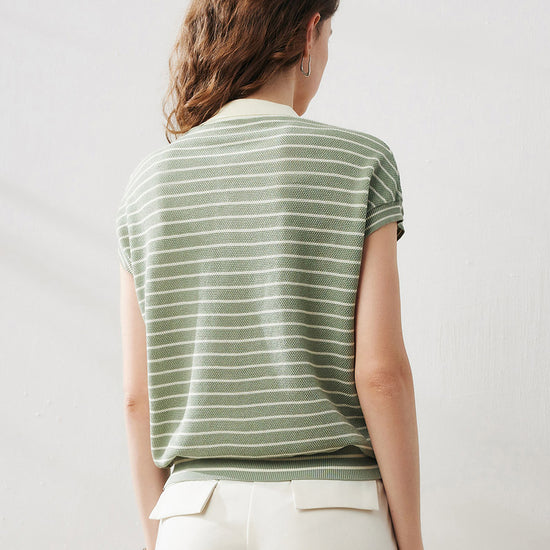 COMOBOCA Women's Cotton Silk Striped Knit Polo Shirt