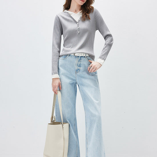 COMOBOCA Women's Layered Ribbed Knit Hooded Henley Top