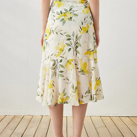 COMOBOCA 100% Mulberry Silk Women's Floral Ruffle Midi Skirt