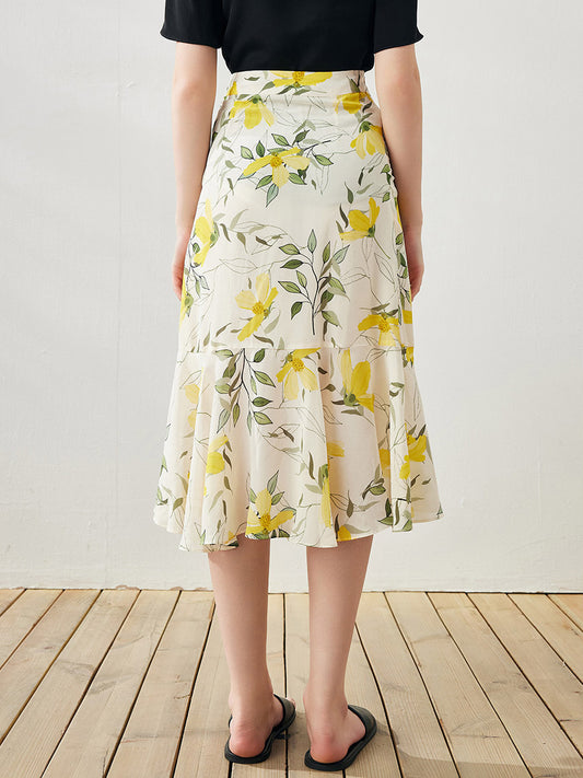 COMOBOCA 100% Mulberry Silk Women's Floral Ruffle Midi Skirt