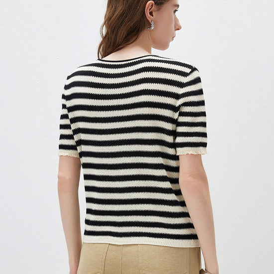 COMOBOCA Women's Tie-Neck Striped Knit T-Shirt