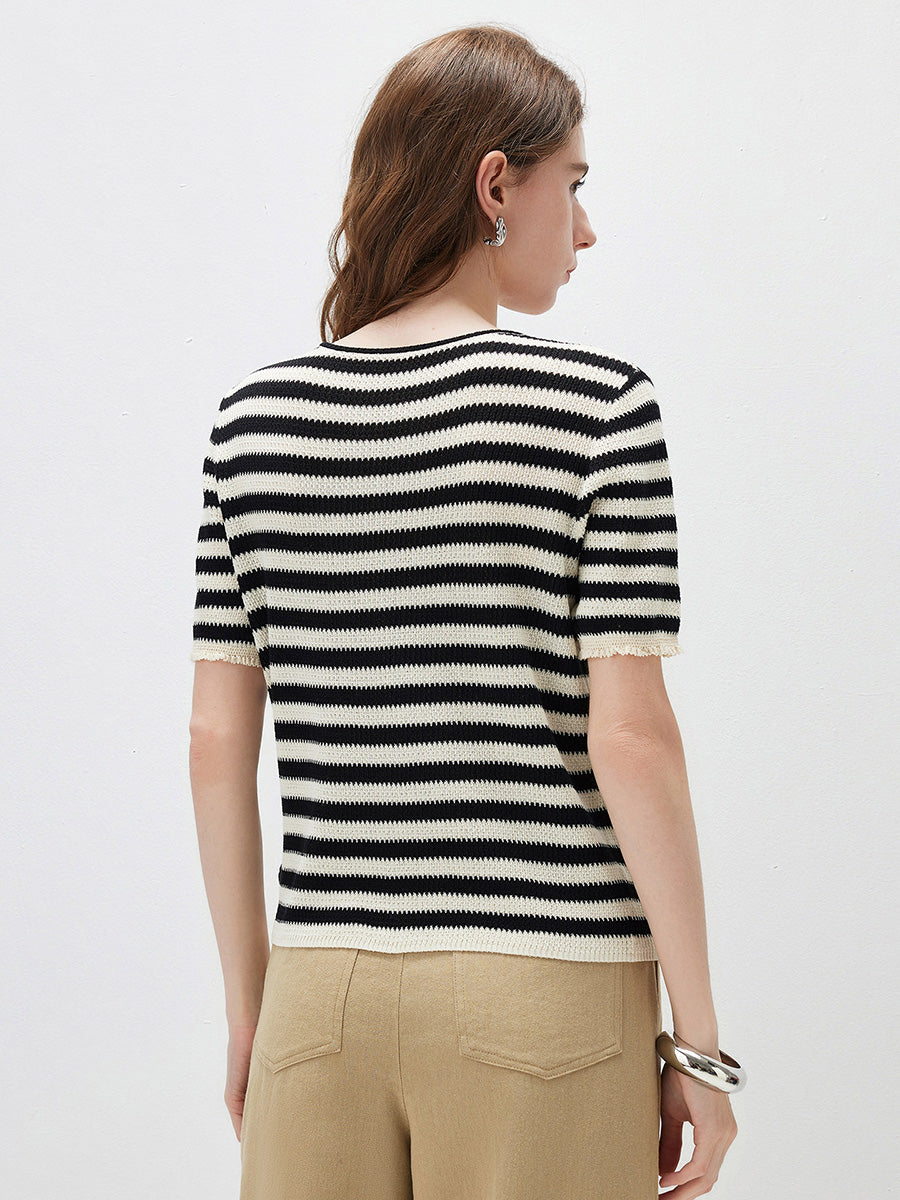 COMOBOCA Women's Tie-Neck Striped Knit T-Shirt