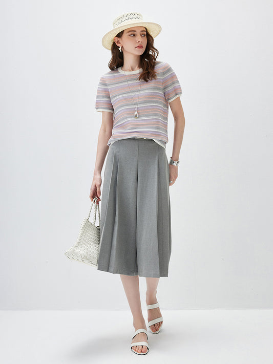 Women’s Silk-Cotton Contrast Stripe Knit Crew Neck Short Sleeve T-Shirt