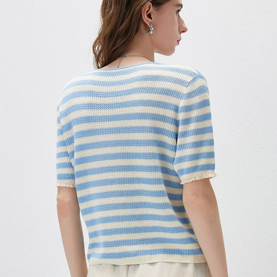 COMOBOCA Women's Tie-Neck Striped Knit T-Shirt