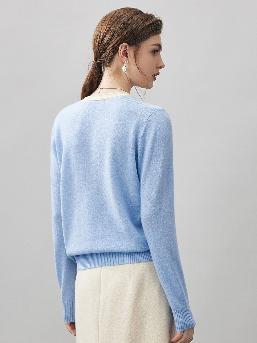 COMOBOCA 100% Cashmere Women's Contrast Trim Button Front Sweater