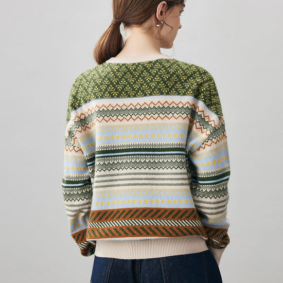 COMOBOCA 100% Cashmere Women's Fair Isle Round Neck Sweater