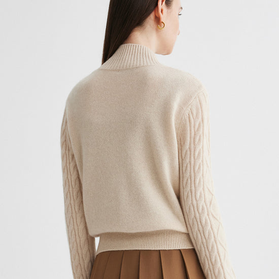 COMOBOCA 100% Cashmere Women's Cable Mock Neck Knit Cardigan