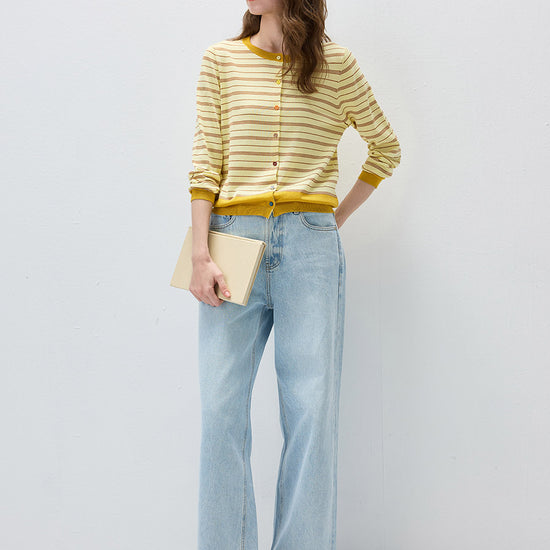 COMOBOCA Women's Striped Color Block Button Front Cardigan