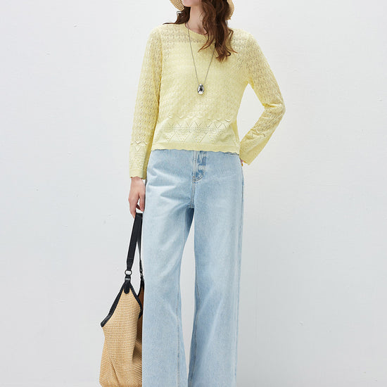 COMOBOCA Women's Openwork Round Neck Knit Sweater