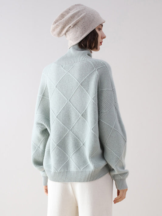 COMOBOCA 100% Cashmere Women's Diamond Knit Turtleneck Sweater