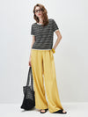 Women’s Round-Neck Linen Blend Dopamine Striped Knit Short Sleeve Top with Contrast Trim