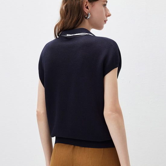 COMOBOCA Women's Paisley Scarf Polo Collar Waffle Knit T-Shirt