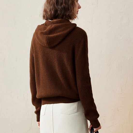 COMOBOCA 100% Cashmere Women's Ribbed Zip Knit Cardigan Hoodie