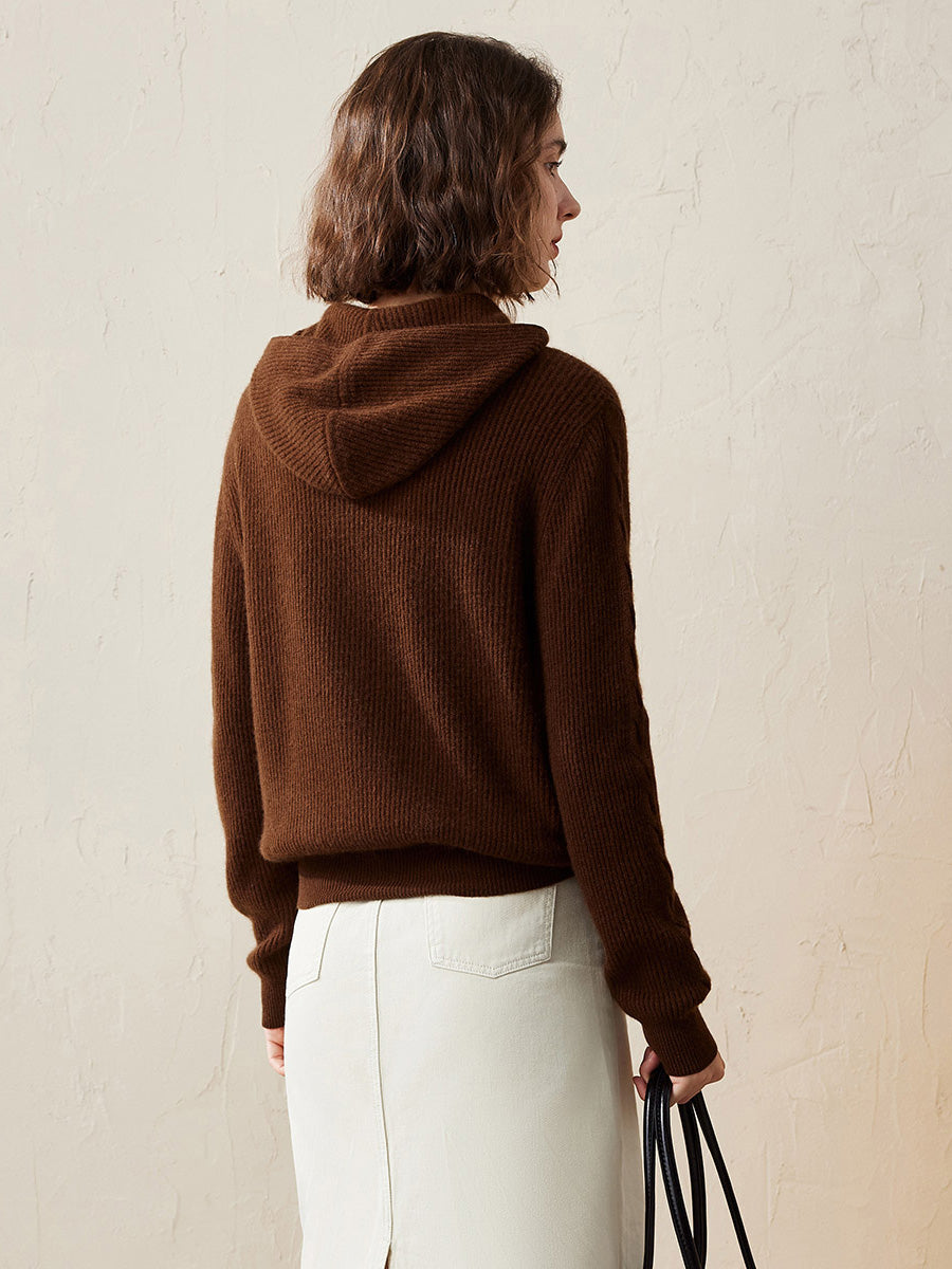 COMOBOCA 100% Cashmere Women's Ribbed Zip Knit Cardigan Hoodie