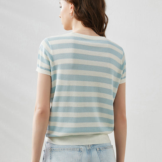 COMOBOCA Women's Striped Ribbed Knit T-Shirt