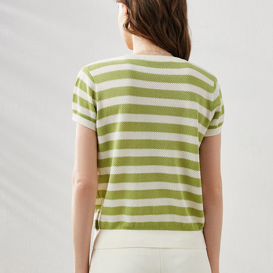 COMOBOCA Women's Striped Ribbed Knit T-Shirt