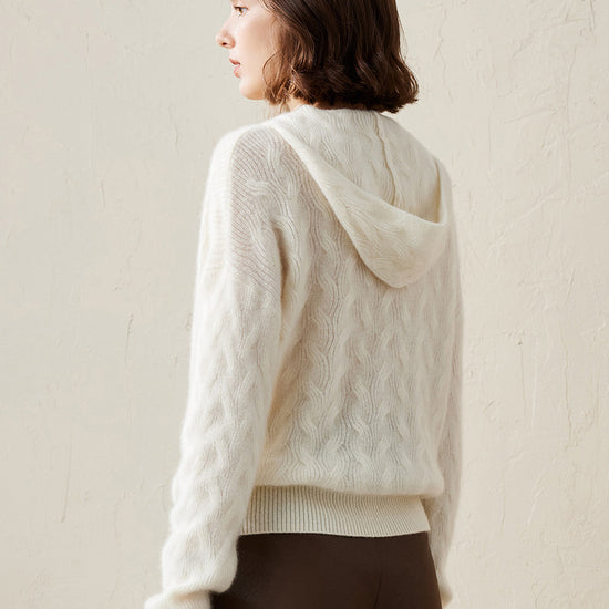 COMOBOCA 100% Cashmere Women's Cable Knit Hooded Sweater