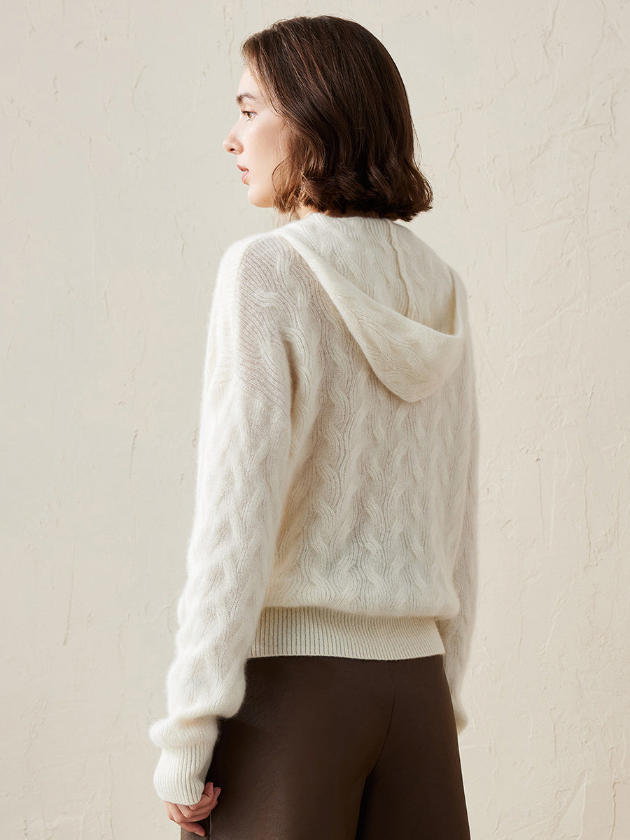 COMOBOCA 100% Cashmere Women's Cable Knit Hooded Sweater