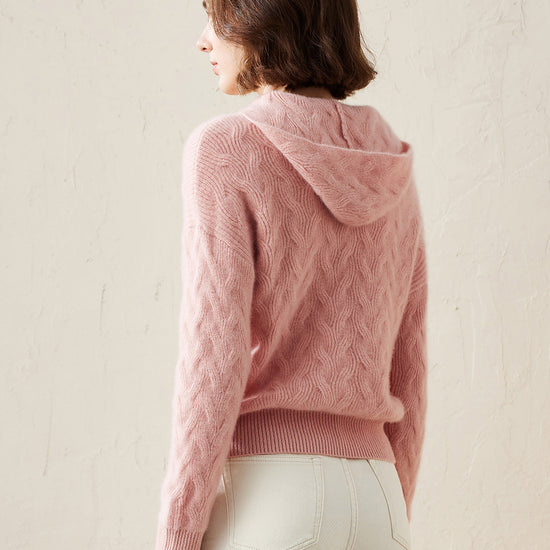 COMOBOCA 100% Cashmere Women's Cable Knit Hooded Sweater