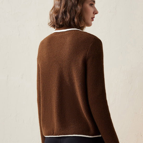 COMOBOCA 100% Cashmere Women's Contrast Trim Knit Cardigan