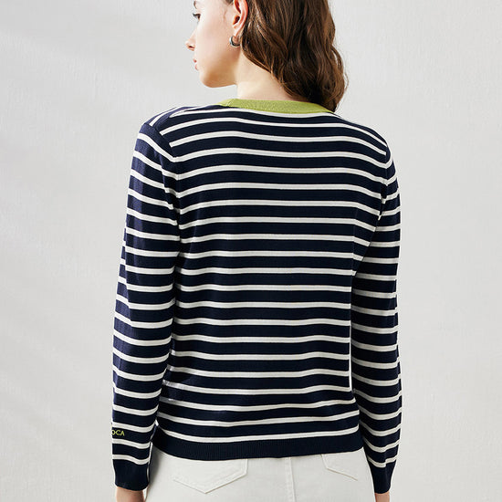 COMOBOCA Women's Striped Heart Embroidered Cotton Silk Sweater