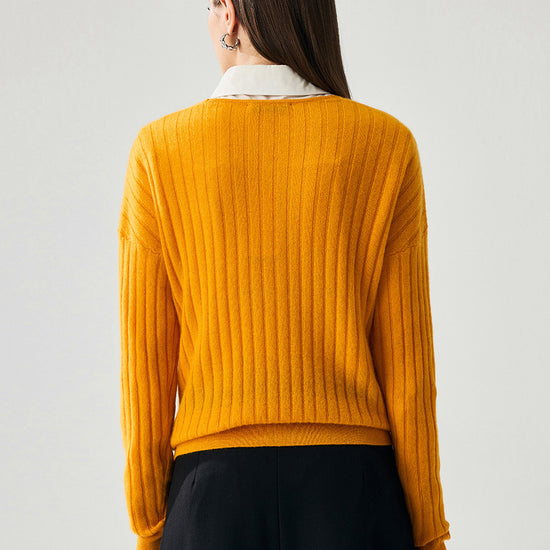 COMOBOCA 100% Cashmere Women's Cozy Ribbed V-Neck Sweater