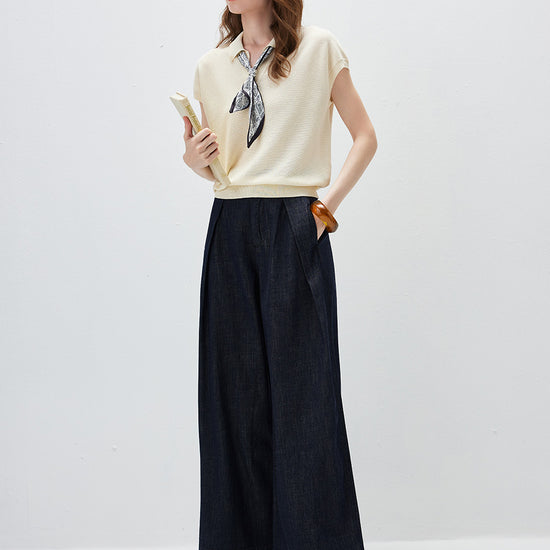 COMOBOCA Women's Paisley Scarf Polo Collar Waffle Knit T-Shirt