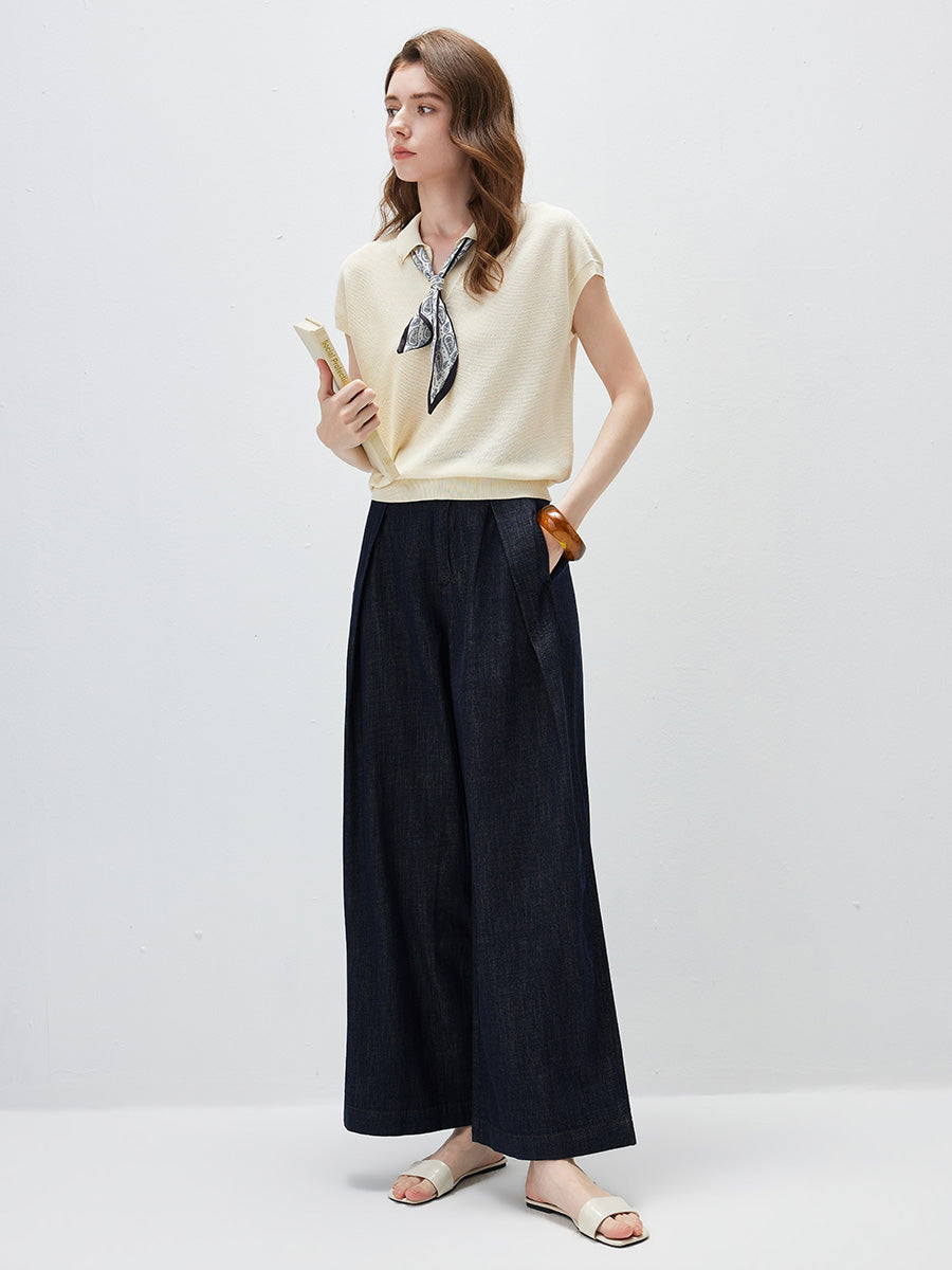 COMOBOCA Women's Paisley Scarf Polo Collar Waffle Knit T-Shirt