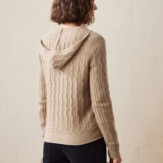 COMOBOCA 100% Cashmere Women's Cardigan Cable Knit Hoodie