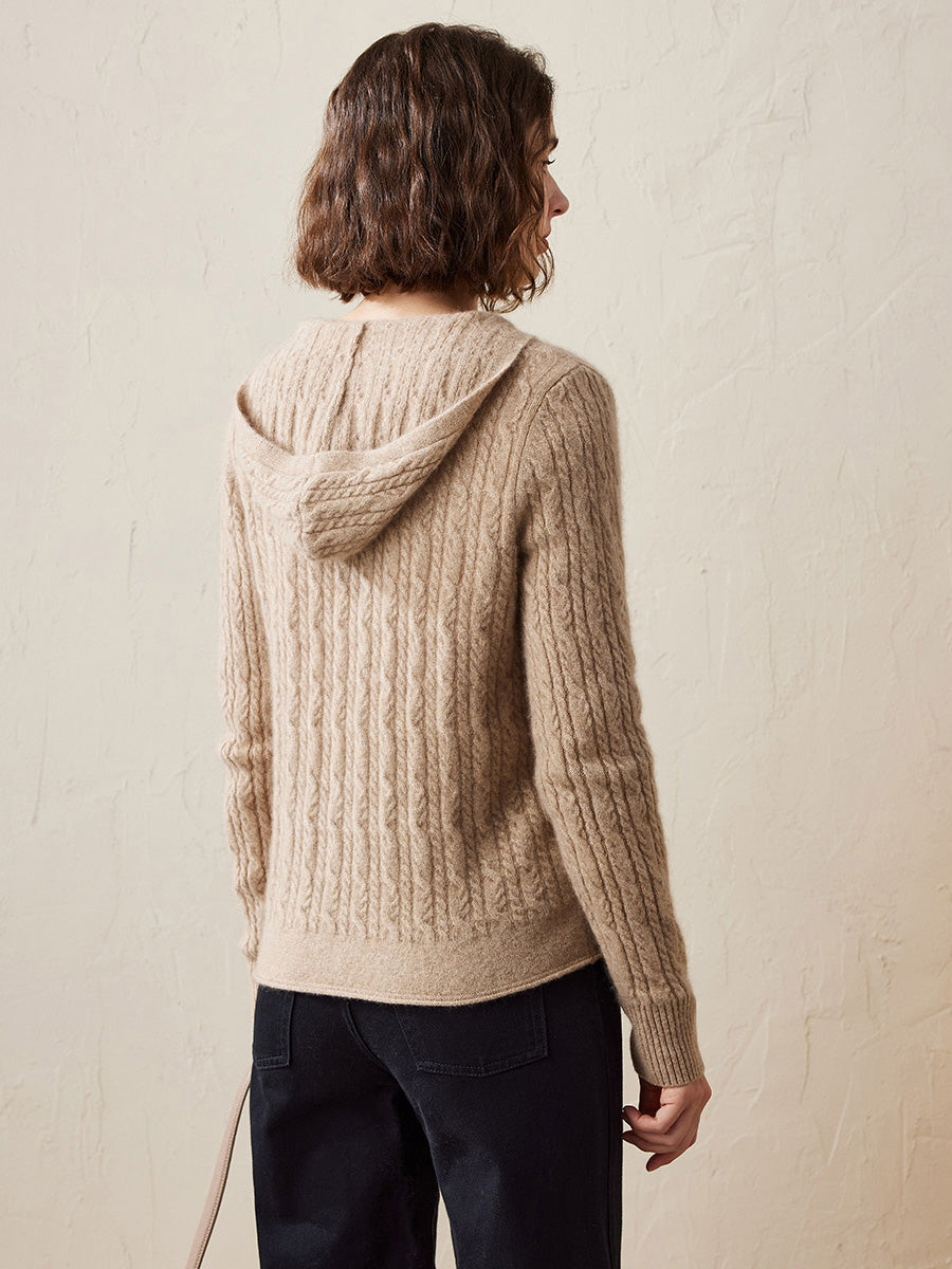 COMOBOCA 100% Cashmere Women's Cardigan Cable Knit Hoodie
