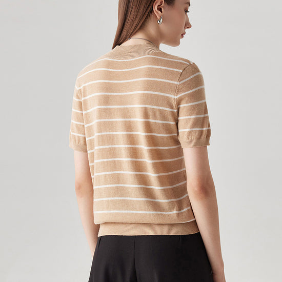 COMOBOCA 100% Wool Women's Mock Neck Striped Ribbed T-Shirt