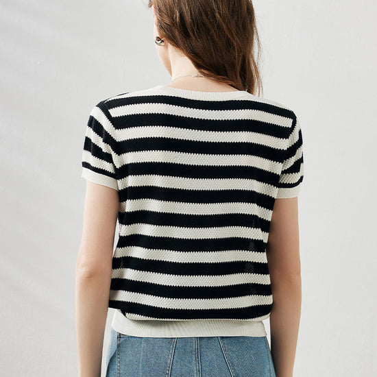 COMOBOCA Women's Striped Ribbed Knit T-Shirt