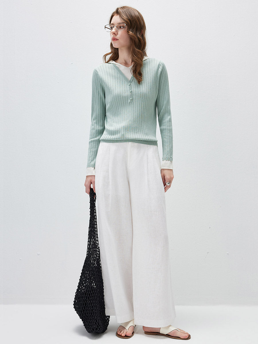 COMOBOCA Women's Layered Ribbed Knit Hooded Henley Top