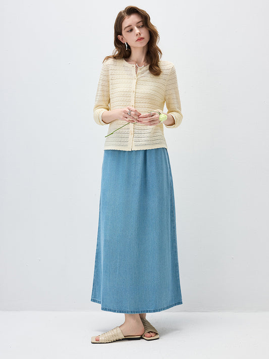 COMOBOCA Women's Scalloped Pointelle Knit Cardigan